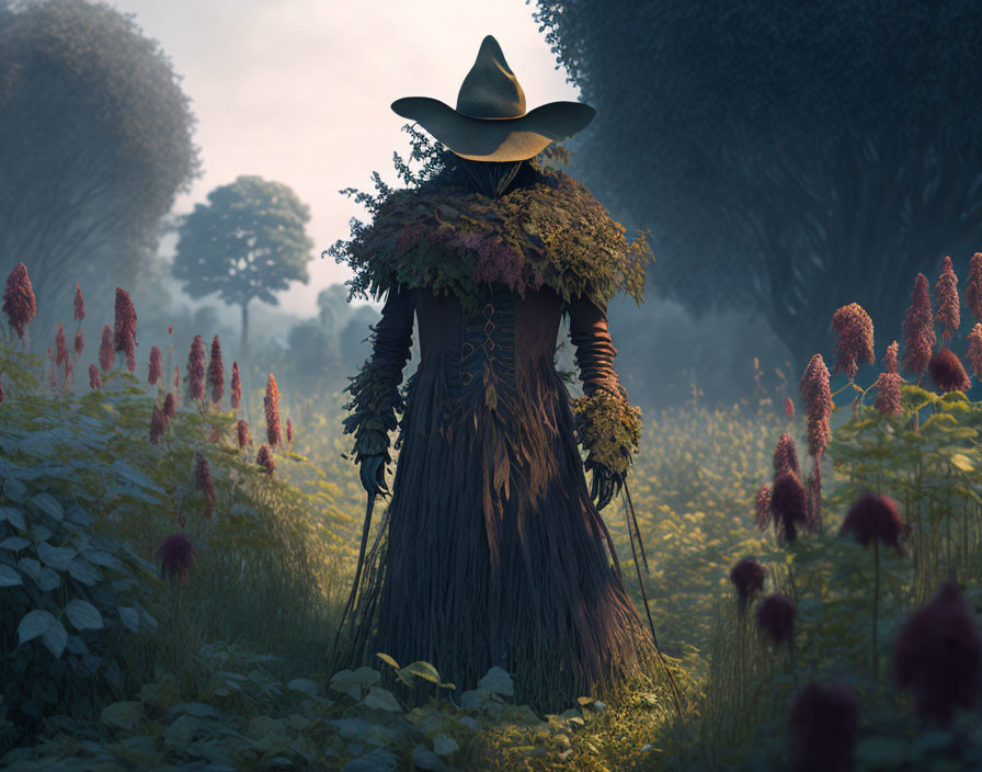 Mysterious Figure in Wide-Brimmed Hat in Dreamy Forest Glade