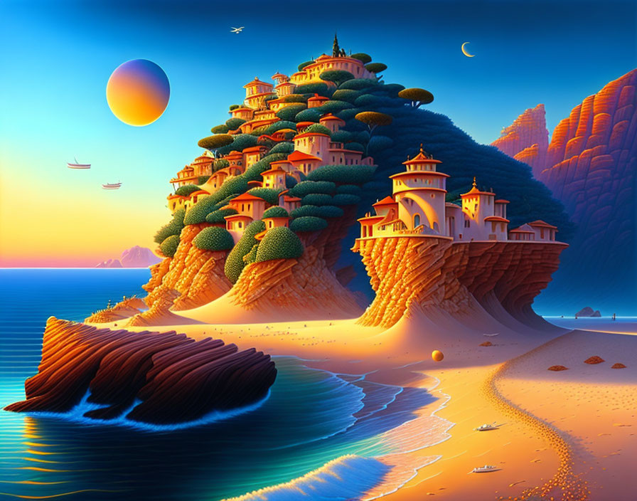 Fantasy landscape with castle, ocean, sun, moon on cliff