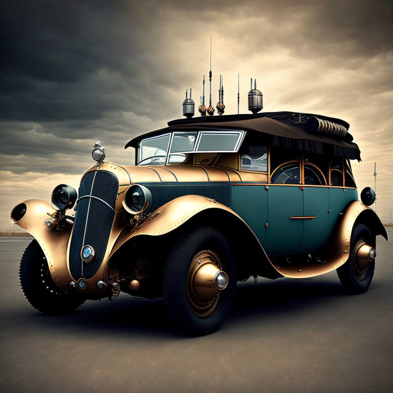 Vintage-style Car in Copper and Teal with Steampunk Accents