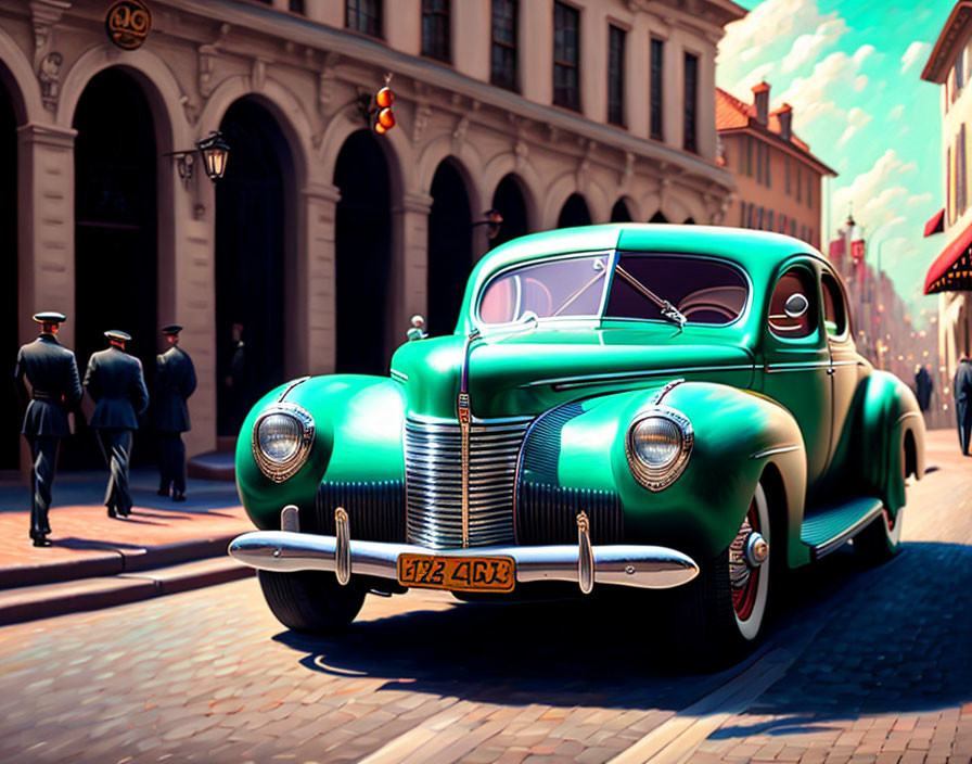 Vintage Green Car Parked on Sunny City Street with Pedestrians