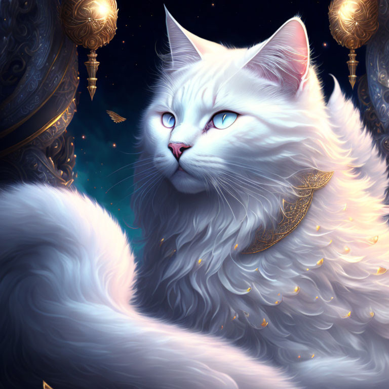 White Cat with Turquoise Eyes and Golden Collar on Starry Blue Background