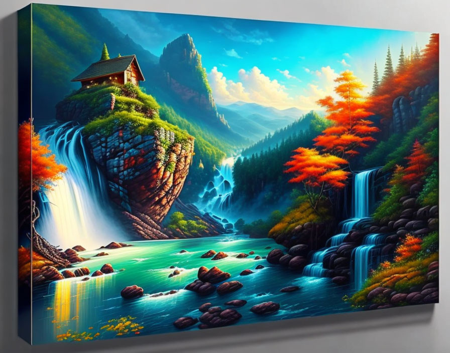 Mythical landscape painting with waterfalls, river, autumn trees, house, and mountains