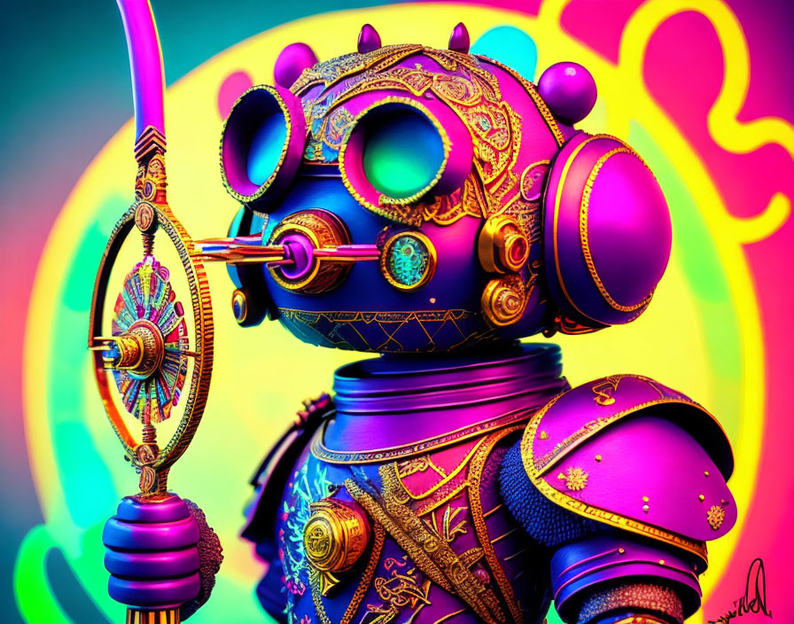 Colorful Robot with Cultural Armor Designs and Mandala Staff on Psychedelic Background