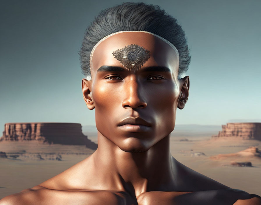 Male digital art with intricate mechanical design on forehead in desert setting