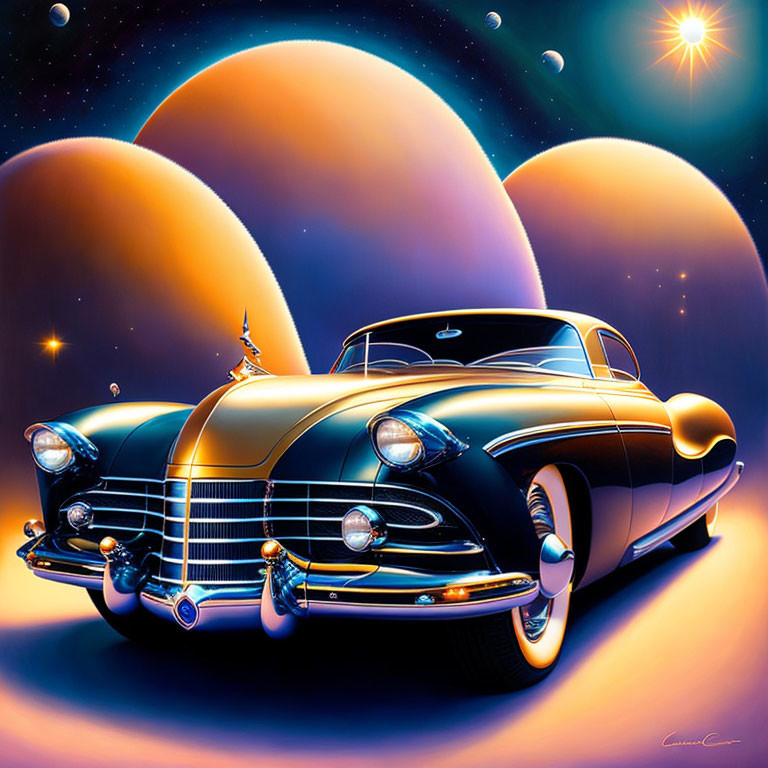 Stylized illustration of classic car with exaggerated proportions against celestial background