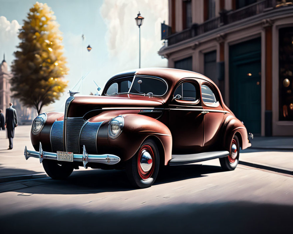 Vintage Brown Car Parked on Sunlit Street with Blurred Background Buildings and Pedestrians