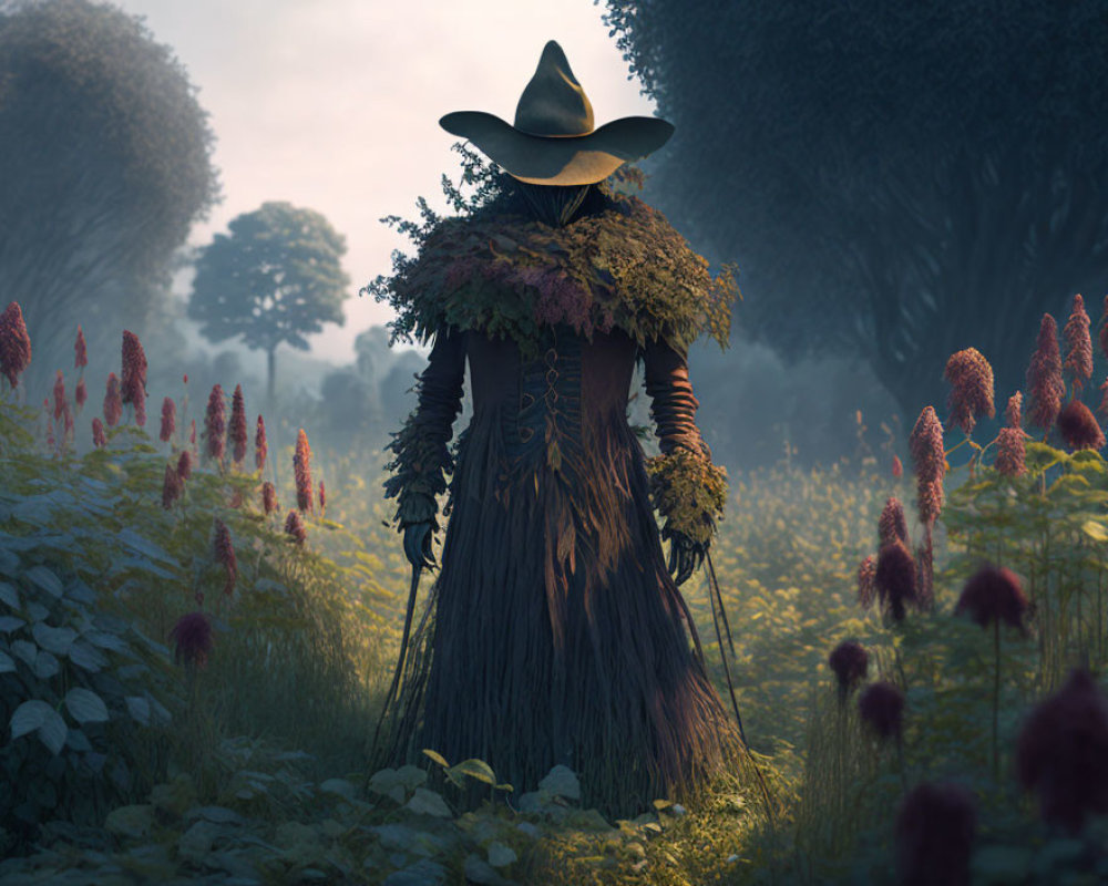 Mysterious Figure in Wide-Brimmed Hat in Dreamy Forest Glade