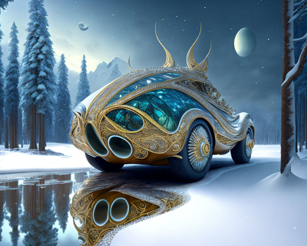 Ornate golden fantasy vehicle by tranquil lakeside in snowy forest