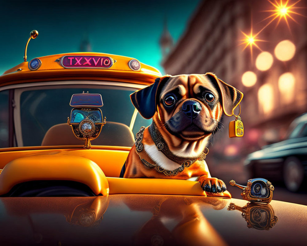 Stylized illustration of pug with gold chain near taxi cab