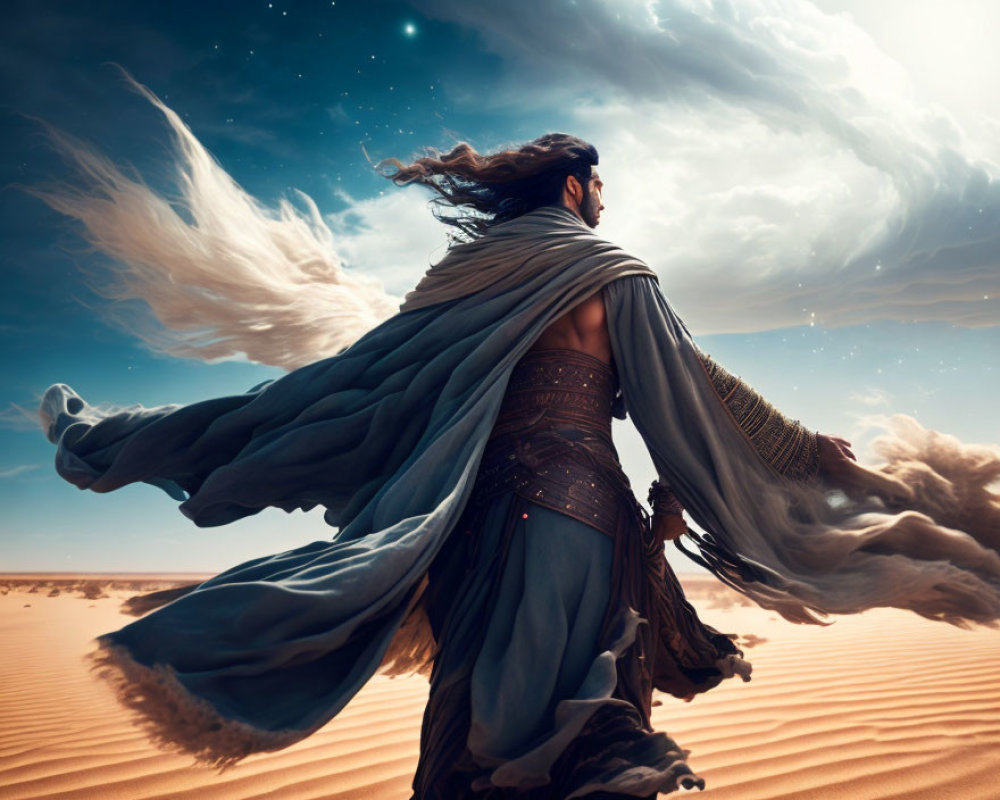 Majestic figure in flowing cape and intricate armor in desert landscape