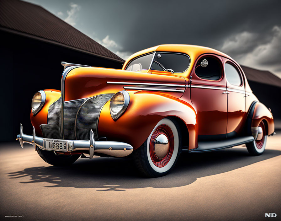 Vintage Orange Car with White-Wall Tires in Urban Setting