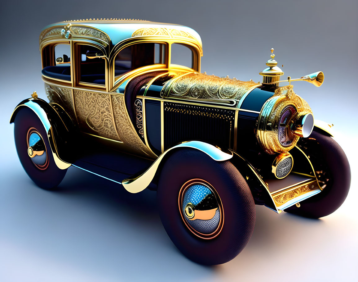 Vintage Car with Gold Filigree Patterns on Blue Gradient Background