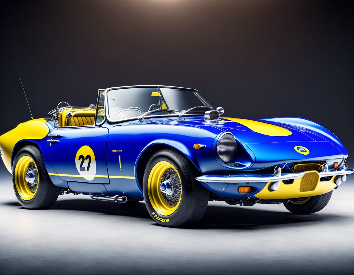 Vintage Blue Sports Car with Yellow Stripe and Number 27 on Dark Gradient Background