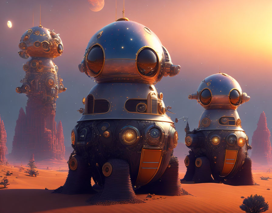 Three Large Spherical Robots in Futuristic Desert Landscape with Dual Suns