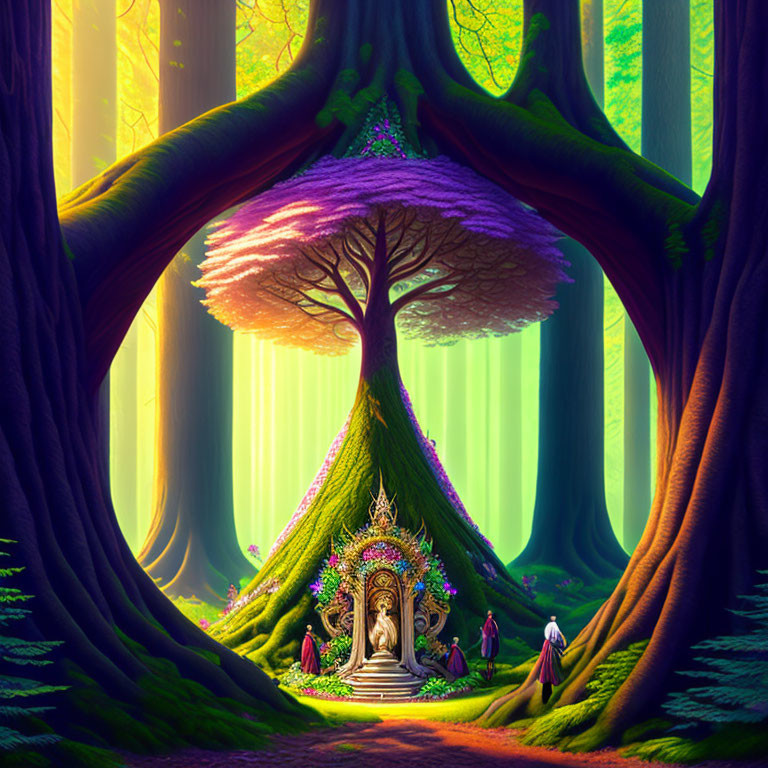 Enchanted forest with majestic tree archway and mystical door