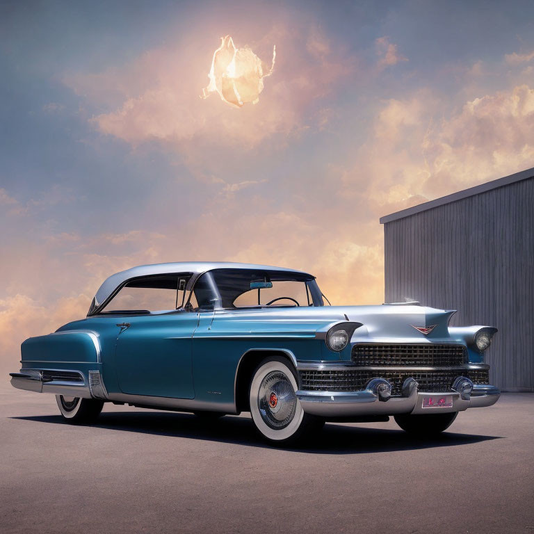 Vintage blue Cadillac with white wall tires parked near building under fiery sky