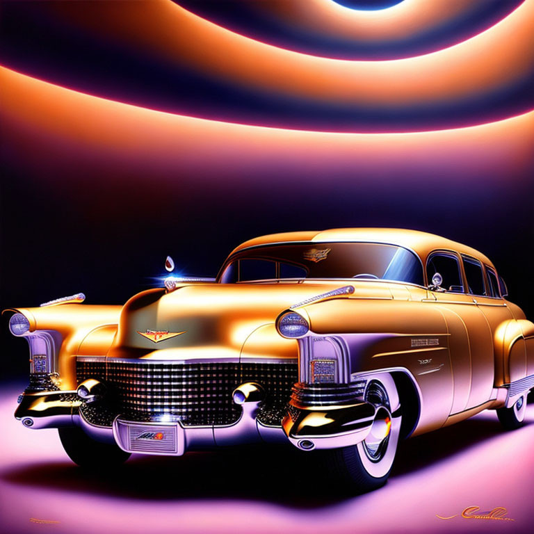 Stylized illustration of classic car with shiny chrome details on vibrant orange and purple backdrop