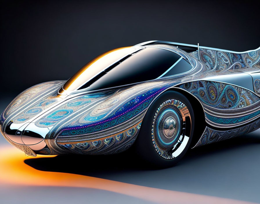 Sleek Futuristic Car with Blue Paisley Patterns on Silver Body