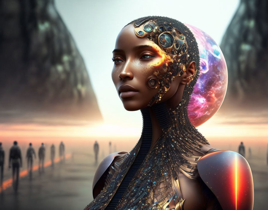 Female Android with Cybernetic Enhancements in Futuristic Landscape