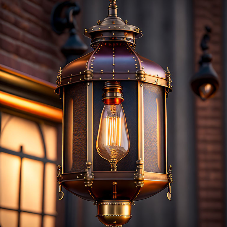 Vintage lantern with ornate metalwork and Edison bulb against brick wall.