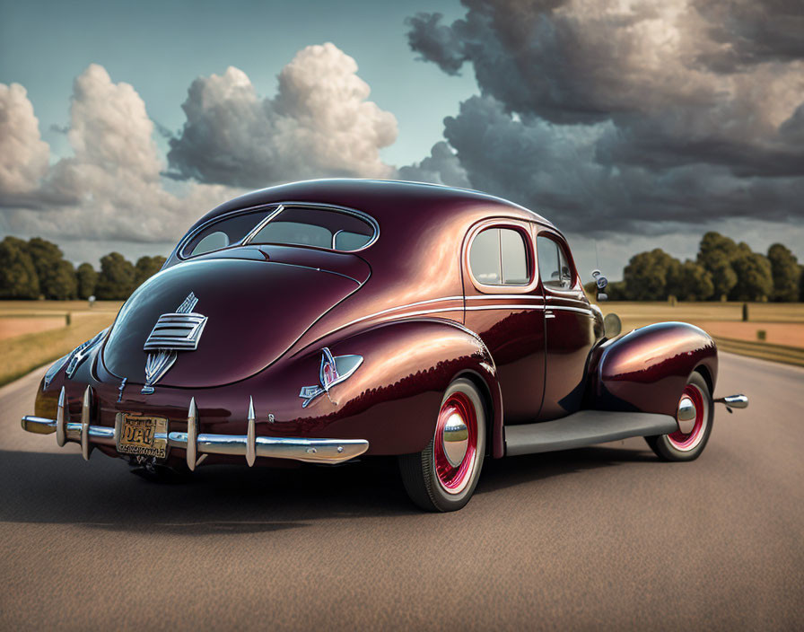 Classic Maroon Car Driving on Road with Dramatic Sky