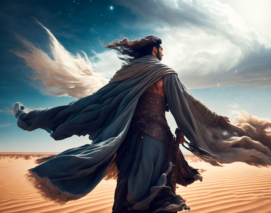 Majestic figure in flowing cape and intricate armor in desert landscape