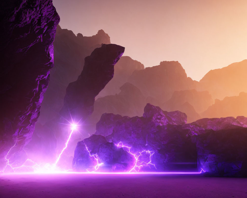 Dramatic landscape with dark rocks and purple lightning at twilight