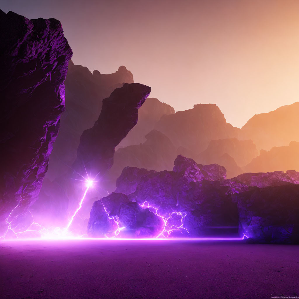 Dramatic landscape with dark rocks and purple lightning at twilight