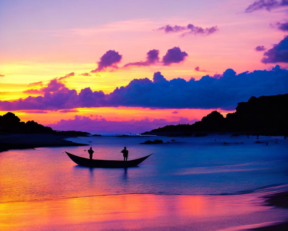 Colorful sunset reflecting on ocean with boat and person silhouette