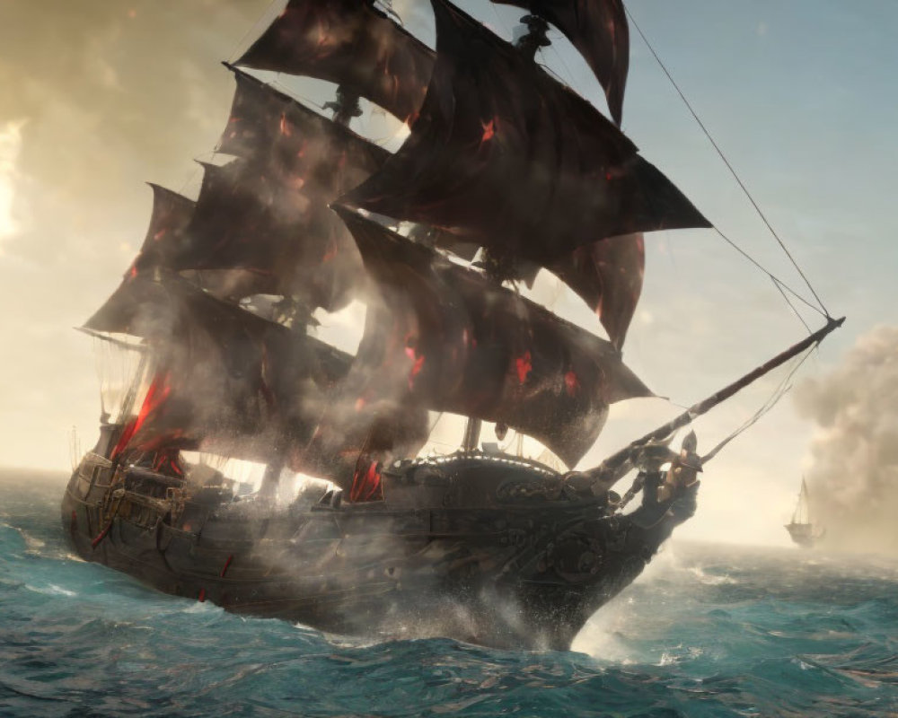 Large sailing ship with tattered black sails in battle on rough seas