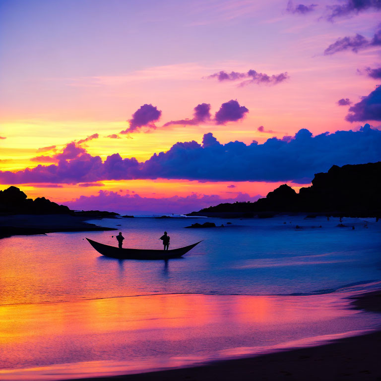 Colorful sunset reflecting on ocean with boat and person silhouette