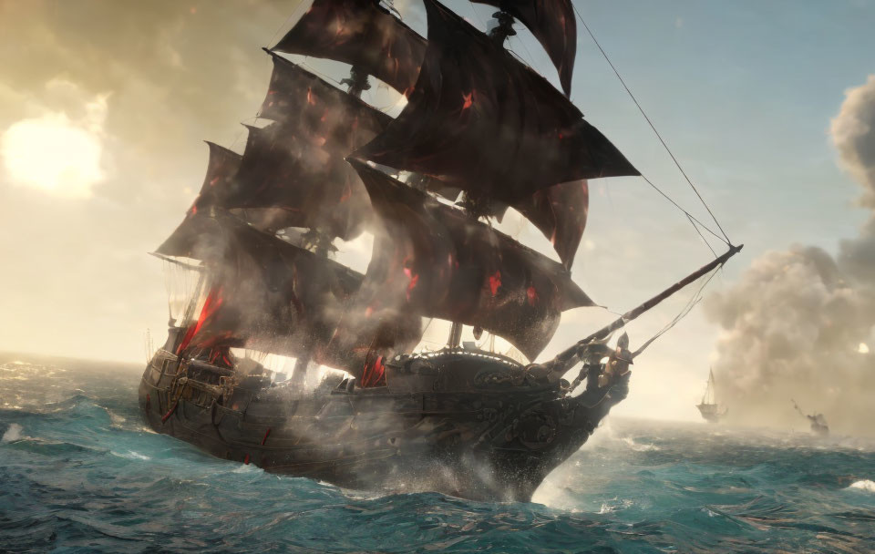 Large sailing ship with tattered black sails in battle on rough seas