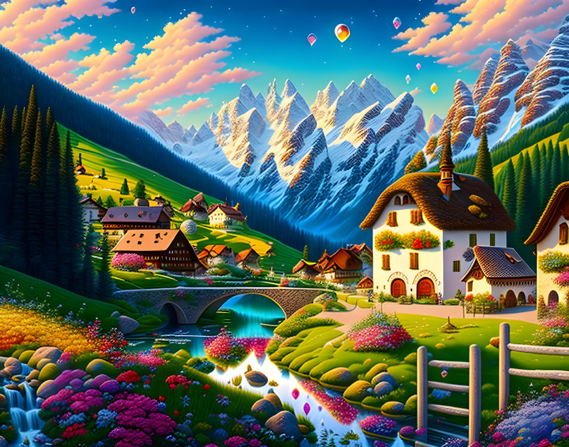 Fantasy landscape with alpine houses, river, bridge, gardens, hot air balloons, mountains