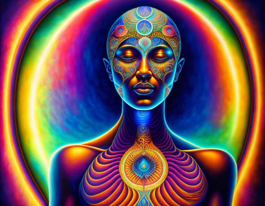 Colorful Psychedelic Art: Person Meditating with Glowing Aura