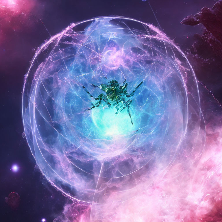 Glowing blue sphere surrounded by shields, silhouetted figure in cosmic scene.