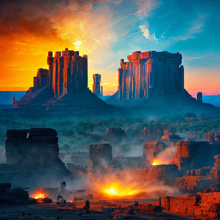 Majestic desert sunset scene with towering rocks, lightning, and scattered fires