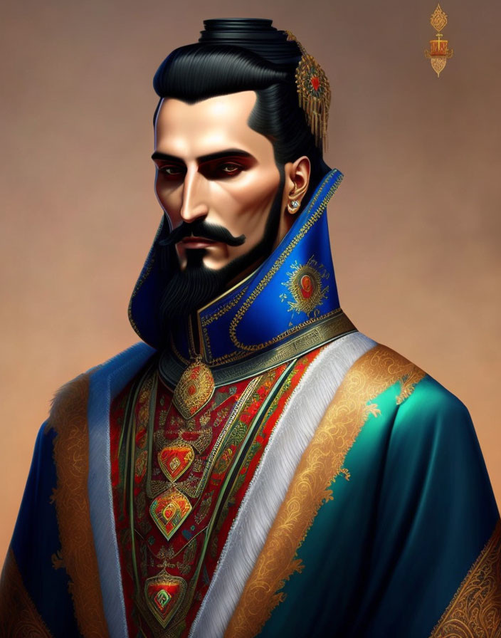 Regal man with sharp beard and mustache in royal blue uniform