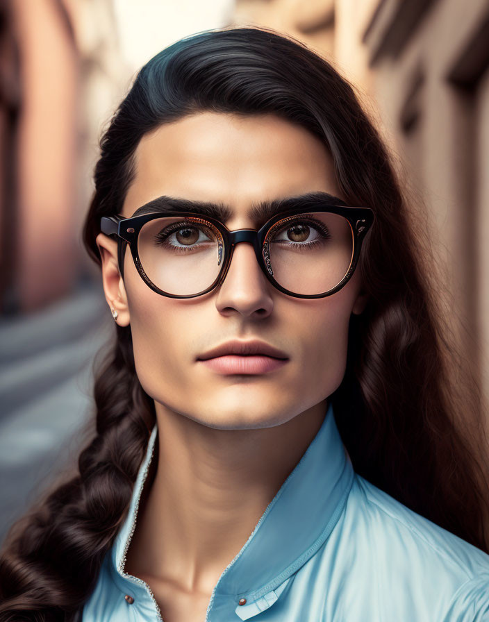 Woman in Thick-Framed Glasses and Braided Hair Looking Up in City Alley