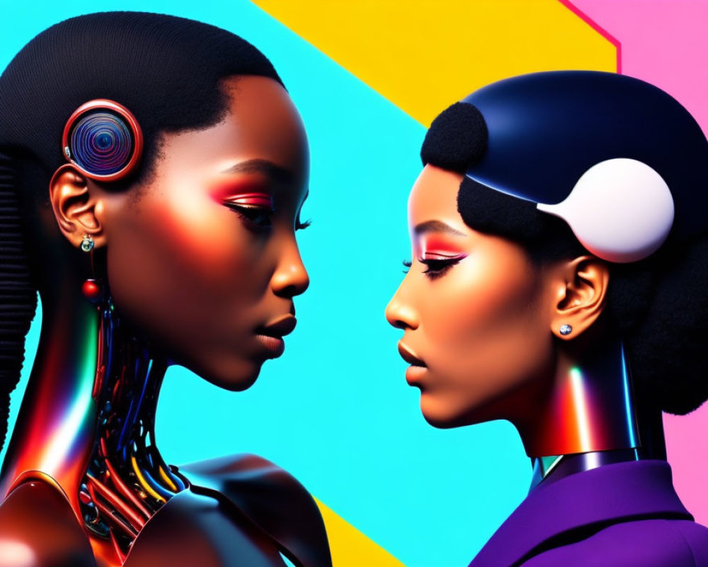 Stylized futuristic female figures on vibrant neon background