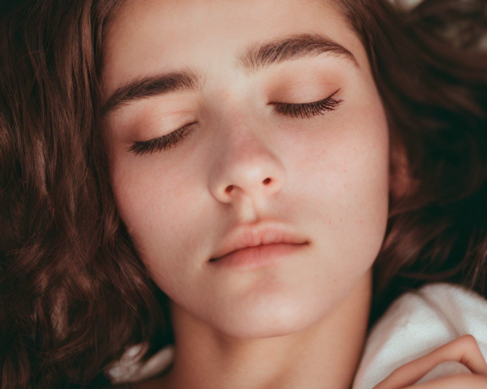 Young woman with curly hair and closed eyes in peaceful rest.