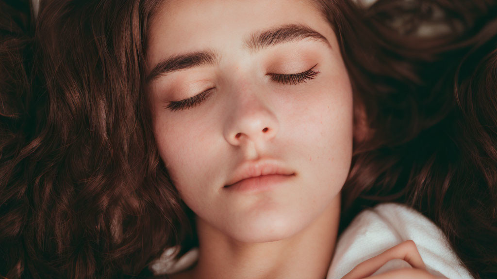 Young woman with curly hair and closed eyes in peaceful rest.