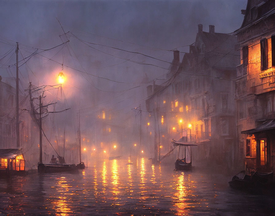 Misty twilight scene of lamp-lit waterway with boats and buildings reflecting on water surface