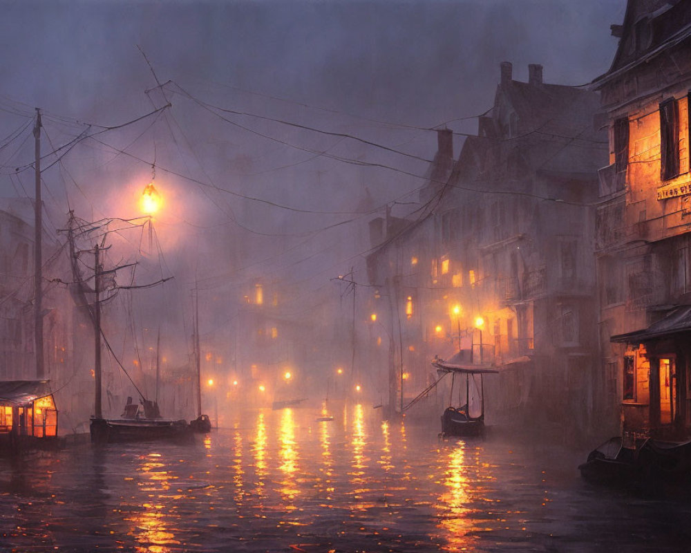 Misty twilight scene of lamp-lit waterway with boats and buildings reflecting on water surface