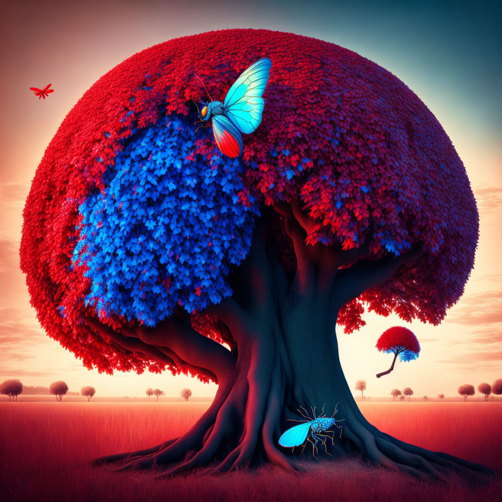 Colorful Trees and Fantasy Insects Under Crimson Sky