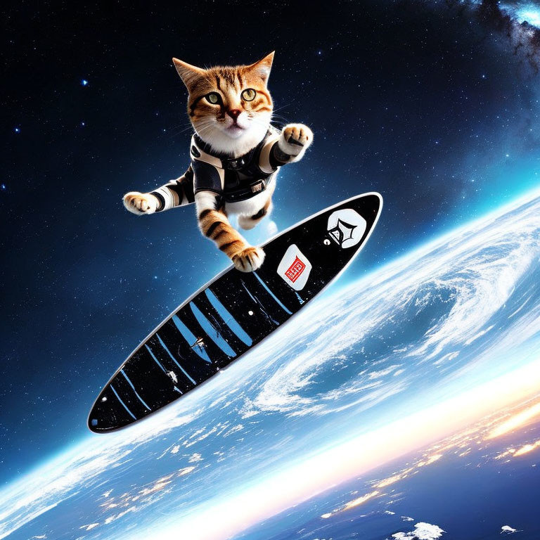 Cat in astronaut suit surfing on spaceboard above Earth in starry sky.