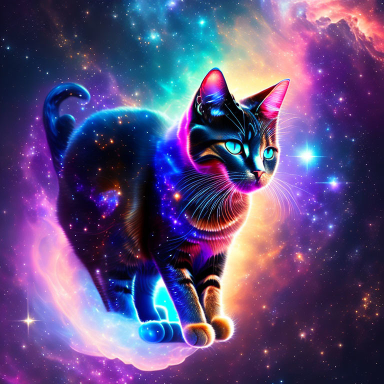 Colorful Cosmic Cat Art with Galaxy Fur and Nebula Background