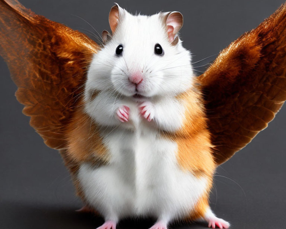 White and Brown Hamster with Bird Wings on Gray Background