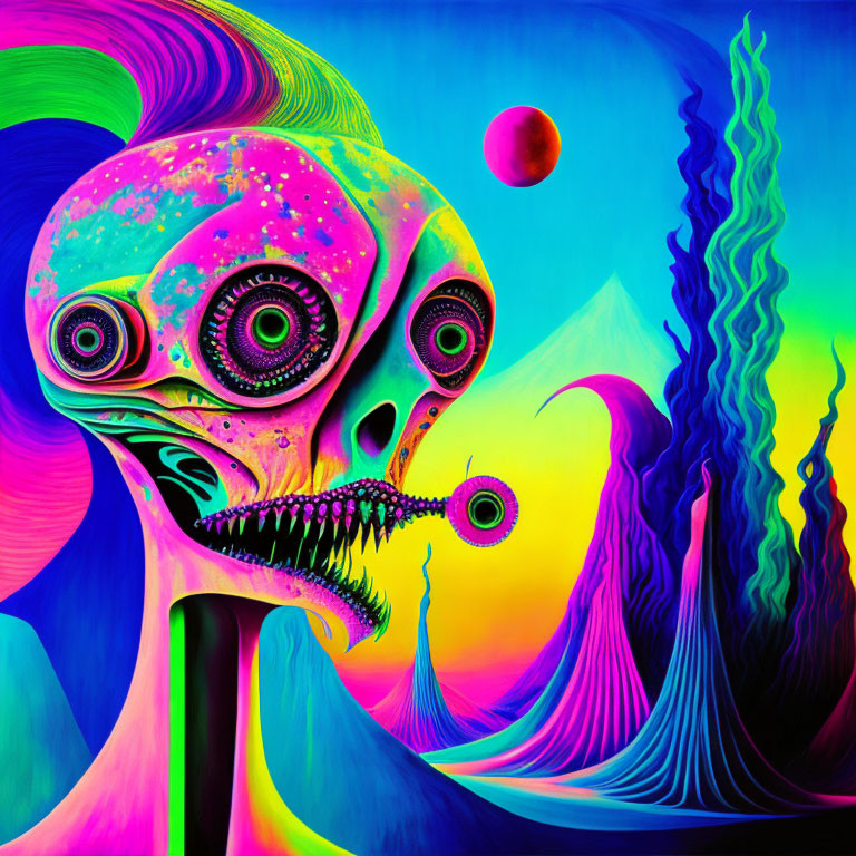 Colorful Psychedelic Alien Face Artwork with Swirling Eyes on Neon Background