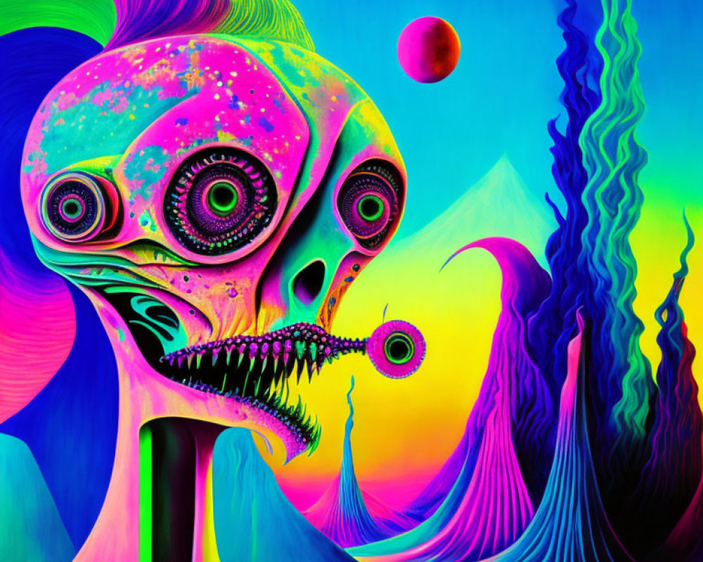 Colorful Psychedelic Alien Face Artwork with Swirling Eyes on Neon Background