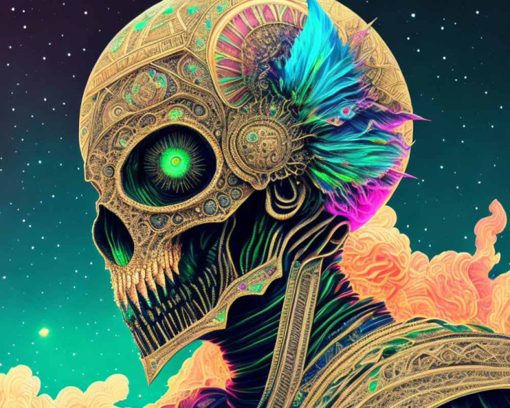 Colorful Skull Artwork with Gold Patterns and Feathered Adornment
